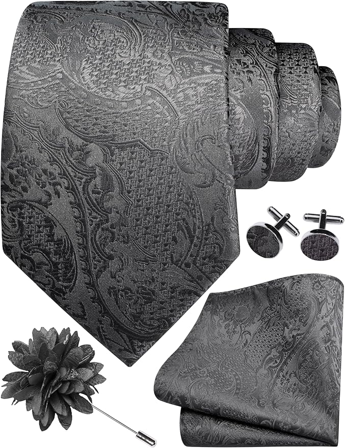 GUSLESON 8cm Paisley Tie Set for Men Necktie Lapel Pin Pocket Square Cufflinks Set for Men