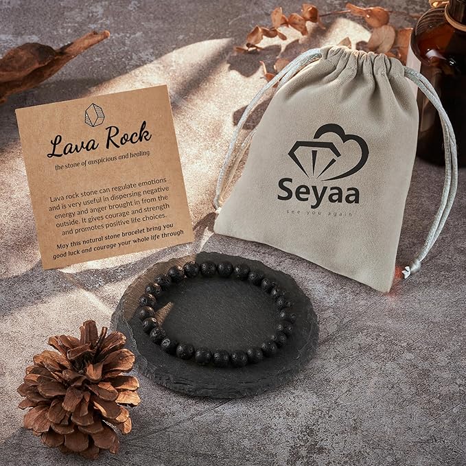 Seyaa Lava Rock Bracelet, Mens Bracelet, Crystal Beaded Bracelet Unisex, Inspirational Anniversary Christmas Birthday Valentines Day Gifts for Him Men Women