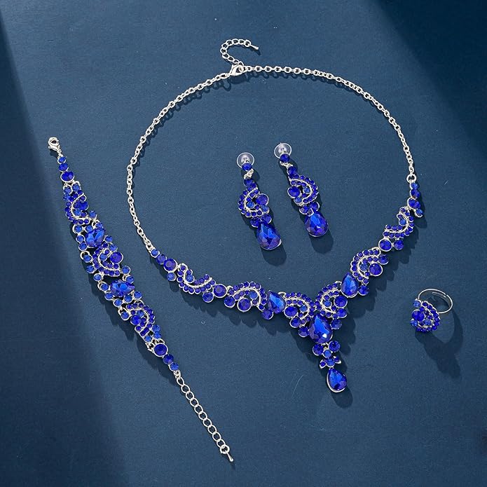 Paxuan Crystal Bridal Wedding Jewelry Sets for Women Rhinestone Teardrop Crystal Statement Choker Necklace Drop Earrings Link Bracelets Rings Teardrop Jewelry Set for Brides Bridesmaids