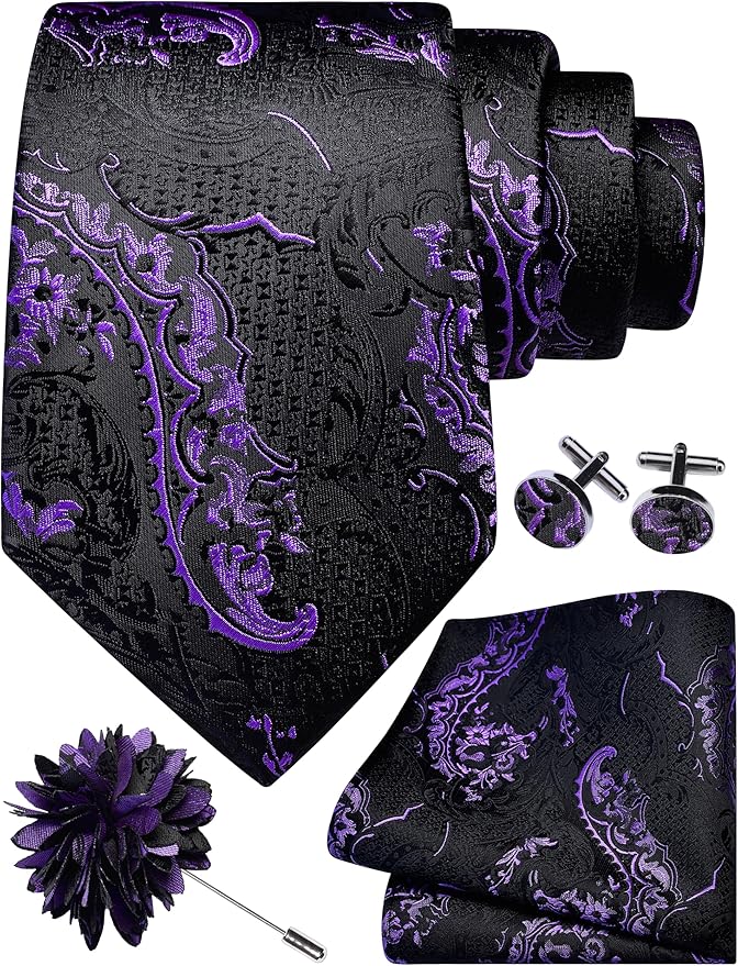 GUSLESON 8cm Paisley Tie Set for Men Necktie Lapel Pin Pocket Square Cufflinks Set for Men
