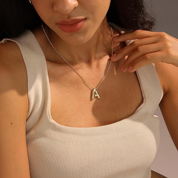 Initial Necklaces for Women, 14k Gold Plated Bubble Letter Necklace Chunky Gold Necklace Dainty Charm Initial Necklaces for Women Trendy Custom Preppy Stocking Stuff Necklace Christmas Gifts