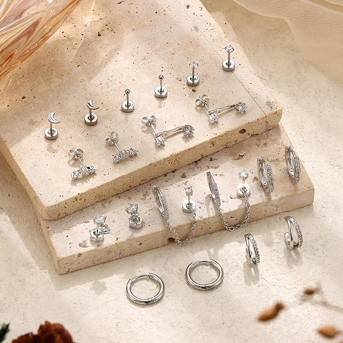 Florideco 14K Gold Plated Earrings for Women Hypoallergenic 20G Surgical Stainless Steel Flat Back Stud Earrings Dainty Stackable Earring Stacks Small Cartilage Earring Sets for Multiple Piercing