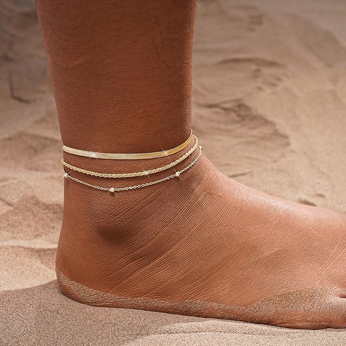 Gold Ankle Bracelets for women,14k Gold/Silver Plated Waterproof Layered lightweight Cuban Link Figaro Chain Heart anklet butterfly anklet Pearl Ankle Bracelets Set Gold Anklets for women Trendy Jewelry Gift for Women