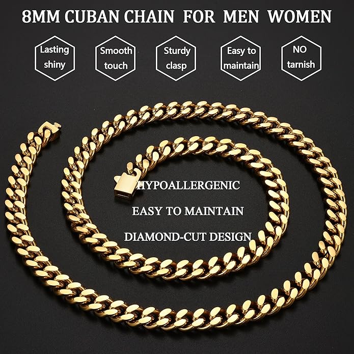 Fiusem Valentines Day Gifts for Him Silver Tone/Black/14K Gold Plated Chain Necklace for Men, 5mm/6mm/7.5mm/8mm/9mm Stainless Steel Cuban Link Chain Necklace, Men's Chains 18-28 Inch Jewelry Gifts