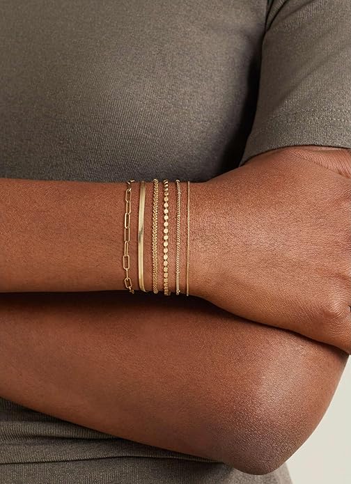 DEARMAY Waterproof Gold Plated Bracelets Set for Women Trendy, Dainty 14K Gold Jewelry Fashion Stackable Tennis Beaded Figaro Herringbone Paperclip Link Bracelet Pack Stack Gifts for Women