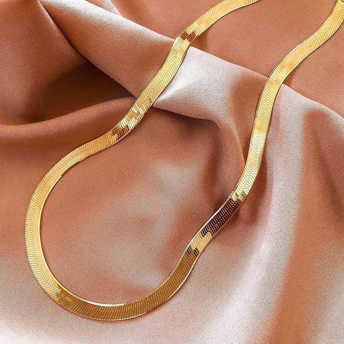 DEARMAY 14K Gold Plated Necklaces for Women, Dainty Gold Herringbone Choker Necklace Thin Layered Snake Chain Jewelry for Gifts