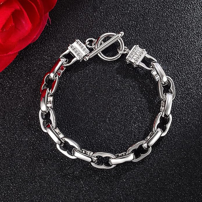 H&Beautimer Solid 925 Silver Bracelet Italian Handmade 0.35/0.4 Inch Box Chain Bracelet for Men's 7,7.5,8,8.5,9,9.5,10 Inch Hip Hop Style Jewelry