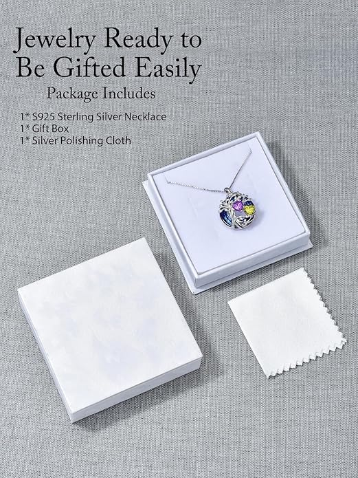TOUPOP s925 Sterling Silver Family Celtic Tree of Life Pendant Necklaces with 2 Heart Birthstone with Blue Austrian Crystal Jewelry Birthday Anniversary Christmas Gifts for Her Wife Girlfriend Mom (18K Real White Gold Filled)