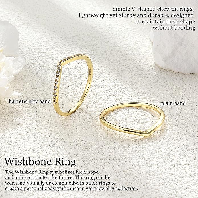 Dochais 2PCS Silver Rings for Women 925 Sterling Silver 14k Gold Plated Wishbone Ring Non Tarnish Wedding Bands Stackable Dainty V Shaped Rings CZ Wedding Rings Promise Ring Engagement 5-10