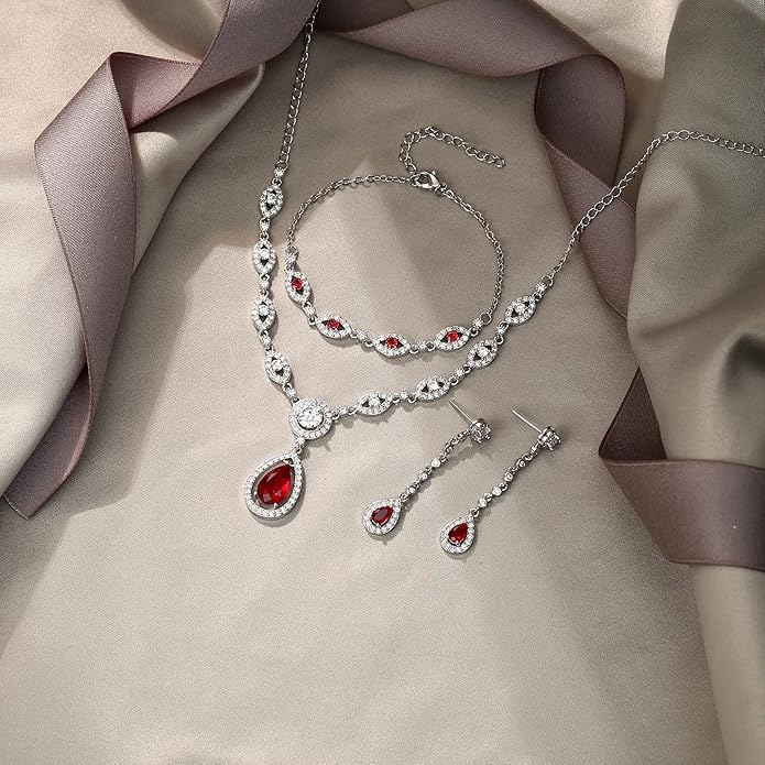 EVER FAITH Bridal Jewelry Set for Women, Stunning Teardrop Cubic Zirconia Birthstone Necklace Bracelet Earrings Sets Gift for Mothers Day/Valentines/Birthday/Christmas