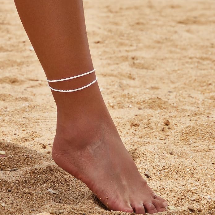 Sterling Silver Anklet Bracelets for Women Waterproof, 925 Sliver Plated CZ & Heart Charm Dainty Layer Anklets for Women Trendy, Simple Chain Anklets Set Gifts for Women, Jewelry Gifts for Her Women Mom Wife Girlfriend