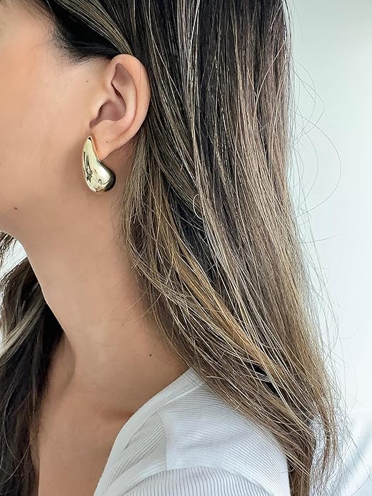 PAVOI 14K Gold Plated 925 Sterling Silver Post Teardrop Chunky Hoop Earrings - Lightweight Drop Earrings for Women - Designer Dupe