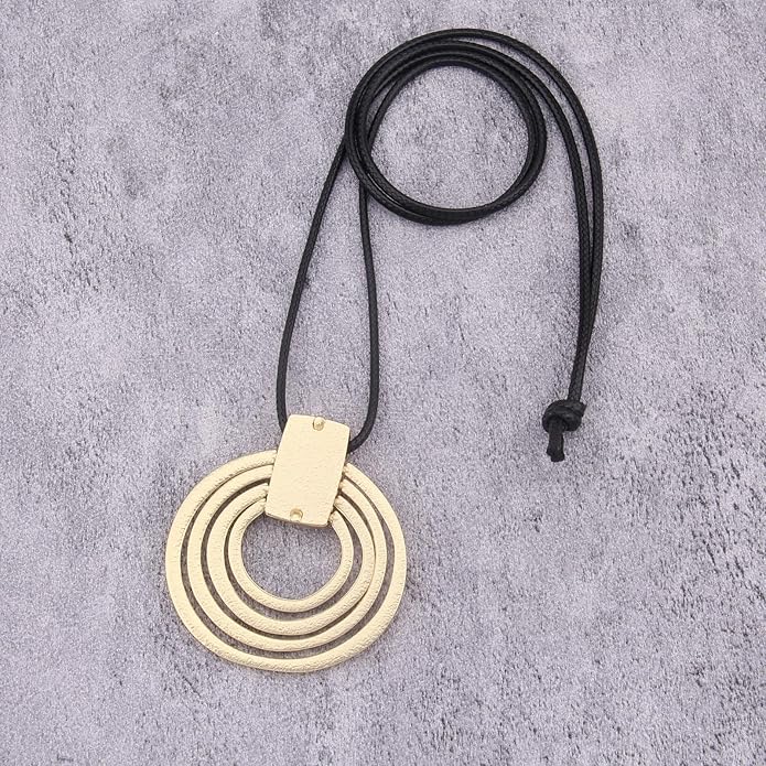Long Boho Necklaces for Women Vintage Leather Wooden Pendant Y Choker Ethnic Style Gold Circle Hippie Sweater Necklace