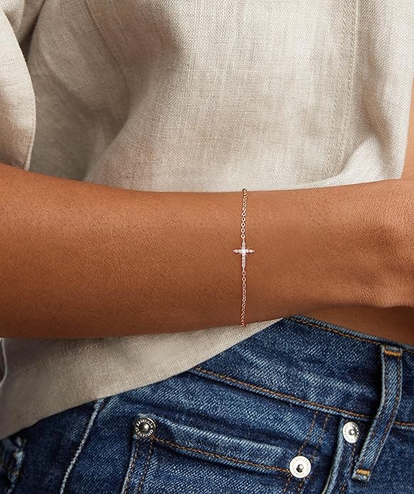 Moodear Christmas Gifts Sotcking Stuffers, Dainty 925 Sterling Silver/14k Gold Plated CZ Cross Bracelet Layered Snake Pearl Chain Knot Bracelets for Women Trendy Religious Christian Jewelry