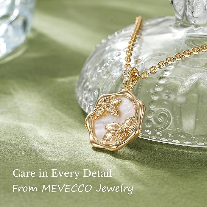 MEVECCO Birth Flower Necklace For Women 18k Gold Plated Mother Of Pearl Disc Floral Pendant Necklace Dainty 12 Birth Month Flower Handmade Personalized Jewelry Anniversary Christmas Birthday Gifts