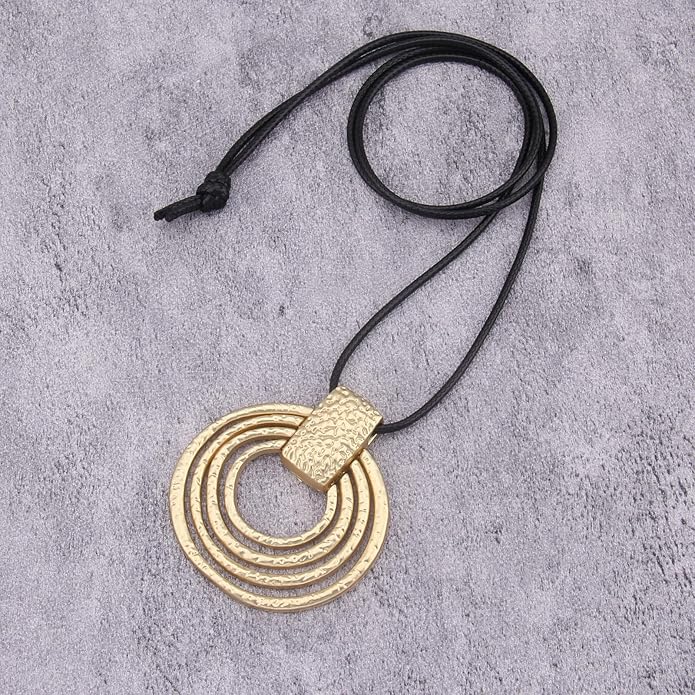 Long Boho Necklaces for Women Vintage Leather Wooden Pendant Y Choker Ethnic Style Gold Circle Hippie Sweater Necklace