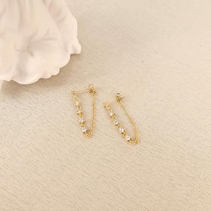 Gold Earrings for Women,Dainty 14k Gold Plated Pearl Drop Earring Dangle Pearl Dangling Earrings for Women Trendy Small Cute Wedding CZ Earring Long Chain Threader Prom Jewelry Gifts