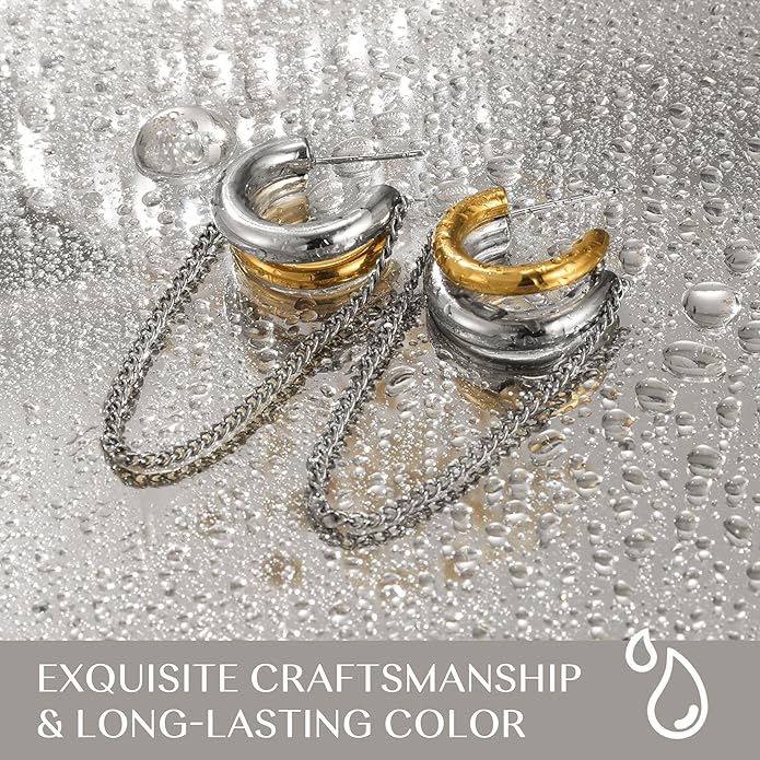 18K Gold Plated Hoop Earrings Gold and Silver Trendy Two Tone Dangling Chain Earrings,Waterproof Stainless Steel Hypoallergenic Earring,Statement Earrings for Daily Wear,Party,Birthday Jewelry Gifts