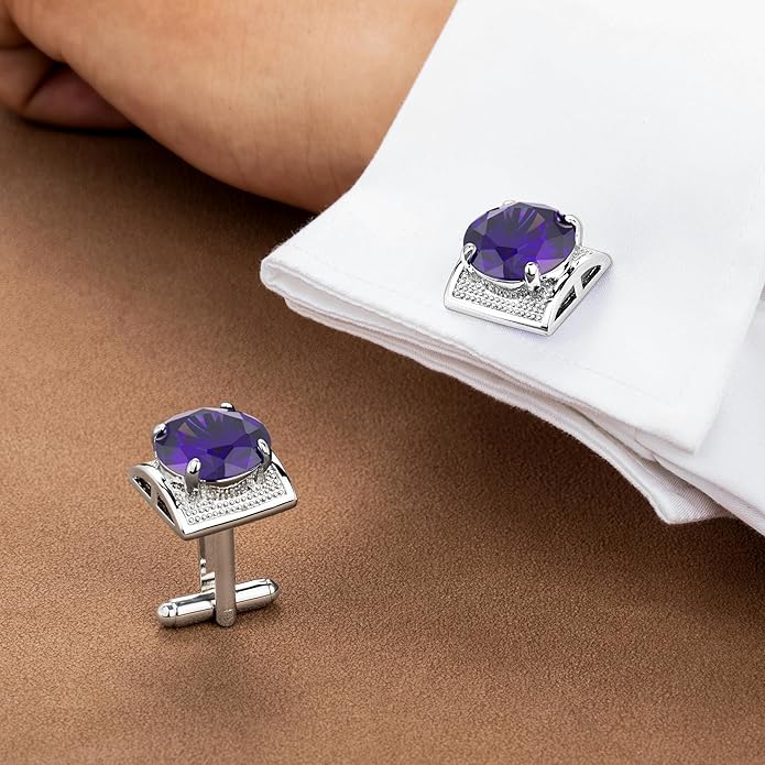 HAWSON Large Silver Birthstone Cuff Links Mens, Colorful Gem Cufflinks for Shirt Suit Accessories, Birthday Anniversary Wedding Gifts for Groommens Husband Father