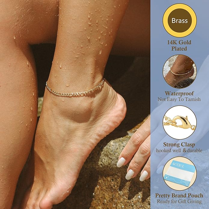 Gold/Silver Plated Anklet Bracelets for Women Waterproof Plus Size Cuban Link Chain Ankle Bracelet for Large Ankle 9-12inch