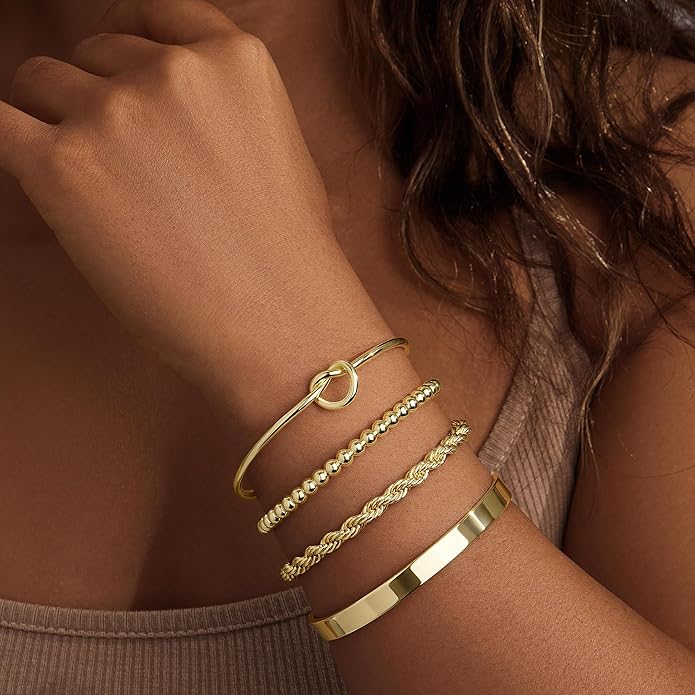 Silver Bracelets for Women Stack, Silver or Gold Plated Cuff Bangle Set, Trendy Silver Jewelry for Women Fashion