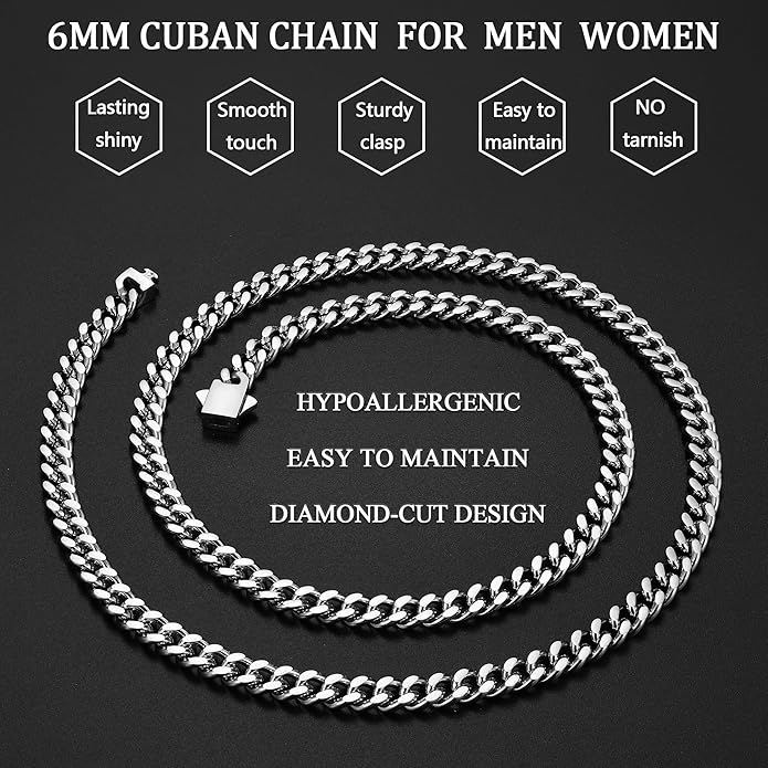 Fiusem Valentines Day Gifts for Him Silver Tone/Black/14K Gold Plated Chain Necklace for Men, 5mm/6mm/7.5mm/8mm/9mm Stainless Steel Cuban Link Chain Necklace, Men's Chains 18-28 Inch Jewelry Gifts