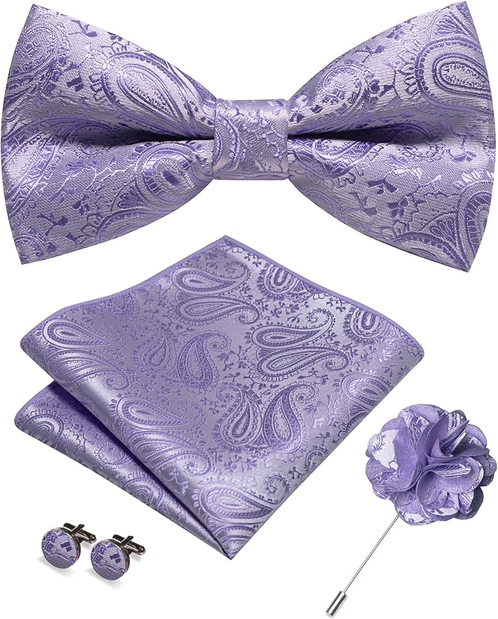 JEMYGINS Mens Paisley Bow Tie and Lapel Pin Necktie Pocket Square and Tie Clip with Sets for Business Casual 4PCS