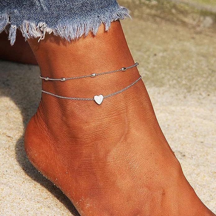 Pencros Dainty Layered Anklet,14K Gold Filled Cute Beads Satellite Chain Heart Boho Adjustable Anklets for Women