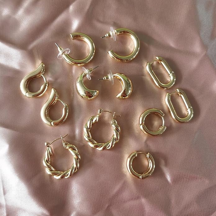 6 Pairs Gold Hoop Earrings for Women, 14K Gold Plated Huggie Hoop Earrings Set Hypoallergenic Lightweight Chunky Open Hoops Jewelry for Gift