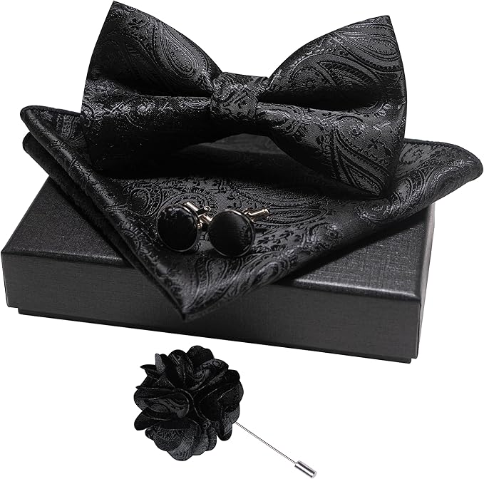 JEMYGINS Mens Paisley Bow Tie and Lapel Pin Necktie Pocket Square and Tie Clip with Sets for Business Casual 4PCS