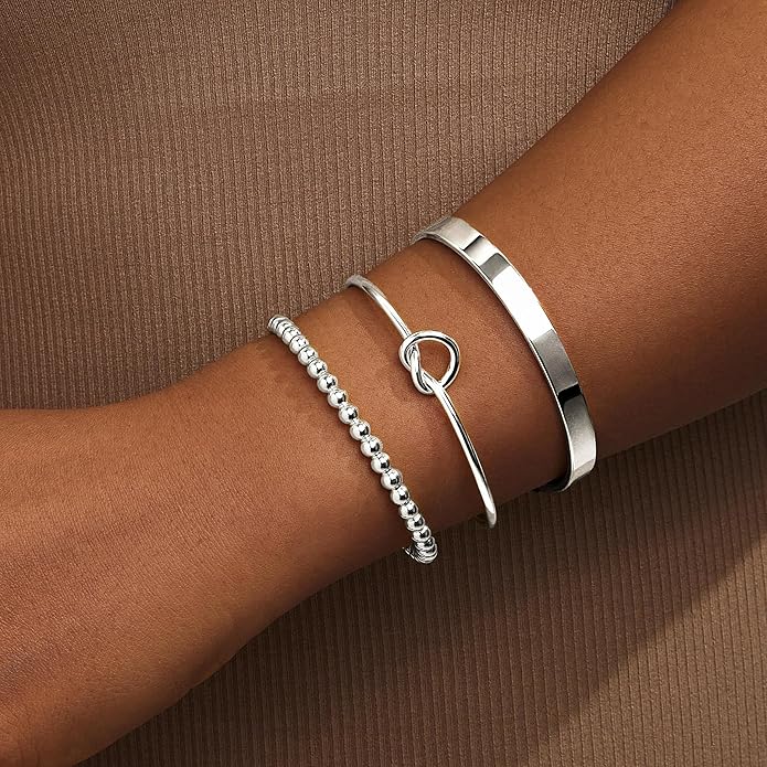 Silver Bracelets for Women Stack, Silver or Gold Plated Cuff Bangle Set, Trendy Silver Jewelry for Women Fashion