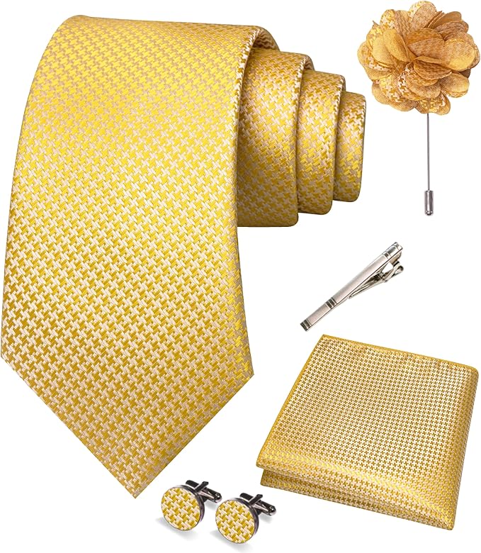 JEMYGINS Mens Tie and Pocket Square,Lapel Pin,Cufflinks,Tie Clip Sets with Gift Box 5PCS