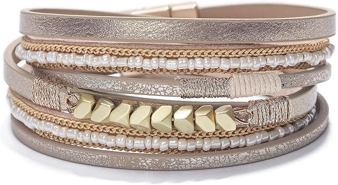 Fesciory Leather Wrap Bracelets for Women, Boho Leopard Multi-Layer Crystal Beads Cuff Bracelet Jewelry