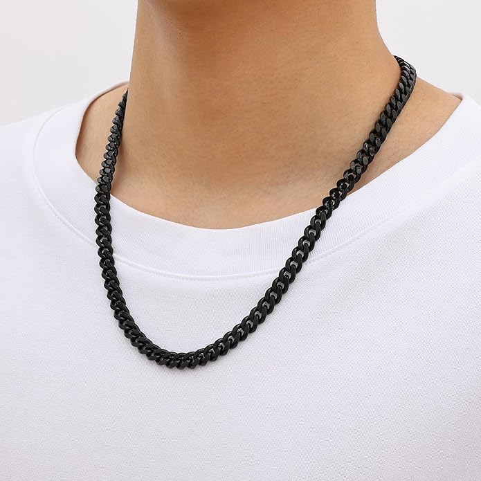 Fiusem Valentines Day Gifts for Him Silver Tone/Black/14K Gold Plated Chain Necklace for Men, 5mm/6mm/7.5mm/8mm/9mm Stainless Steel Cuban Link Chain Necklace, Men's Chains 18-28 Inch Jewelry Gifts