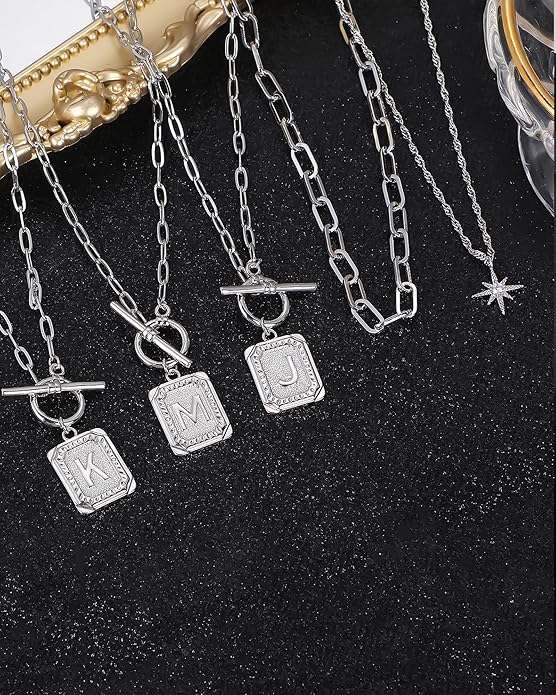 MJartoria Layered Initial Necklaces for Women Trendy, 14K Gold Plated Brass Simple Star Choker Square Letter Pendant Necklace, Paperclip Chain Necklaces Jewelry Gifts