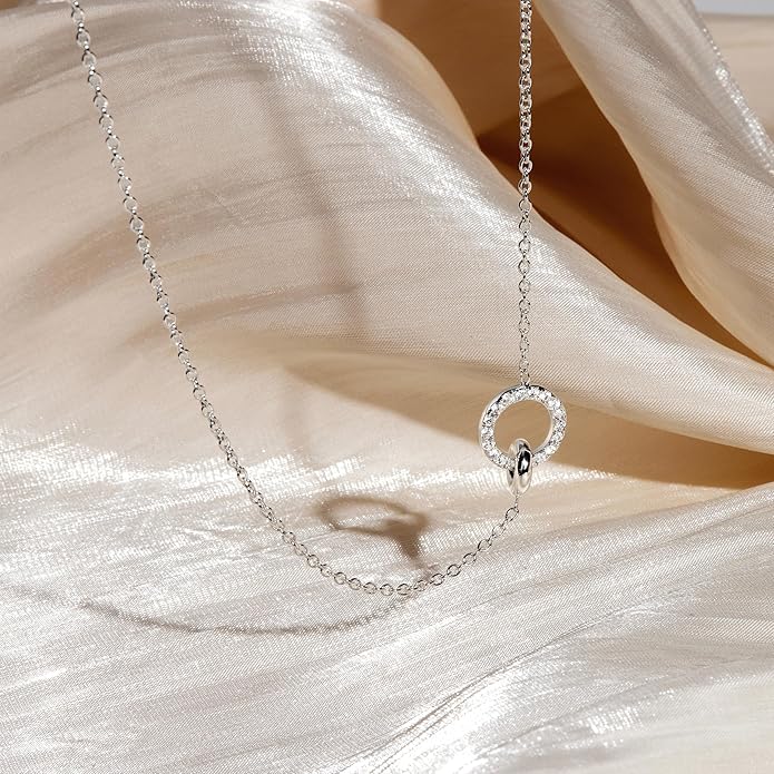 WomenGifts Layered Gold Necklaces for Women, 14K Gold Sterling Silver Plated Dainty Pendant Necklace Set with Cubic Zirconia Circle, Chunky Stackable Cuban Chain Choker, Trendy Personalized Birthstone Jewelry Gift Non Tarnish