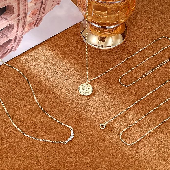 CHESKY 14K Gold Plated Layered Necklaces for Women,Dainty Gold/Silver Plated Chain Necklace CZ Pendant Necklace Adjustable Layering Choker Necklace jewelry Gifts