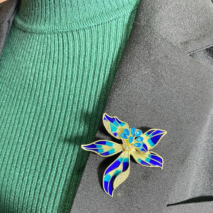 Multi-Color Enamel Flower Brooch For Women Gold Tone with Blue Zircon Crystal Accents, Vibrant Brooches Pin for Dresses Blazers
