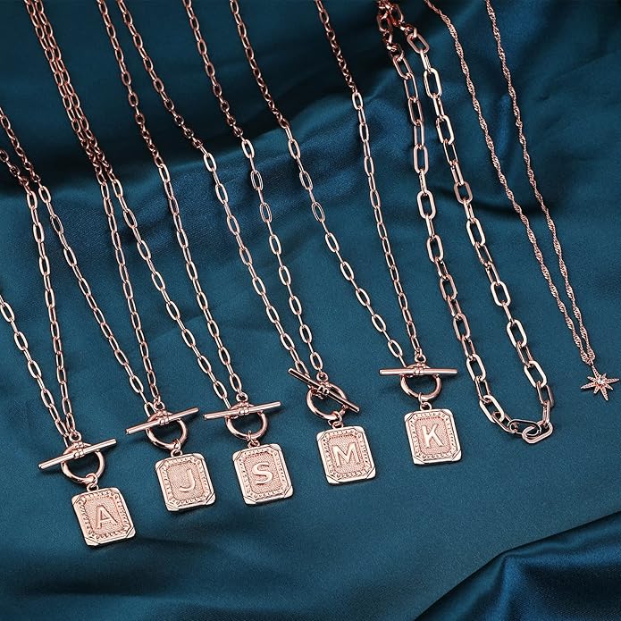 MJartoria Layered Initial Necklaces for Women Trendy, 14K Gold Plated Brass Simple Star Choker Square Letter Pendant Necklace, Paperclip Chain Necklaces Jewelry Gifts