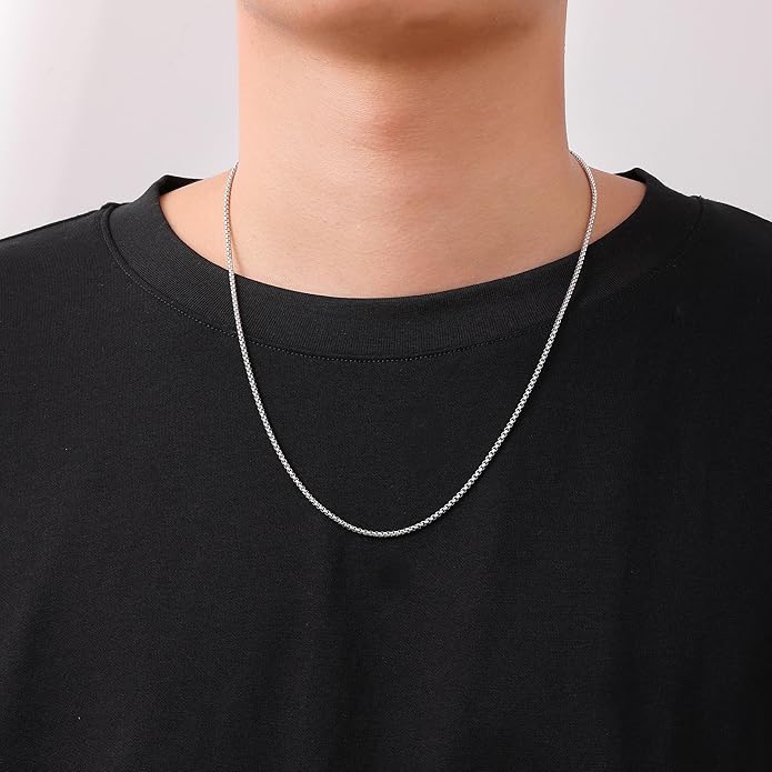 Fiusem Box Chain for Men, Silver Tone/14K Gold Plated/Black Stainless Steel Necklace for Men and Women, Width 2/2.5/3/4/5mm, Length 18-28 Inches