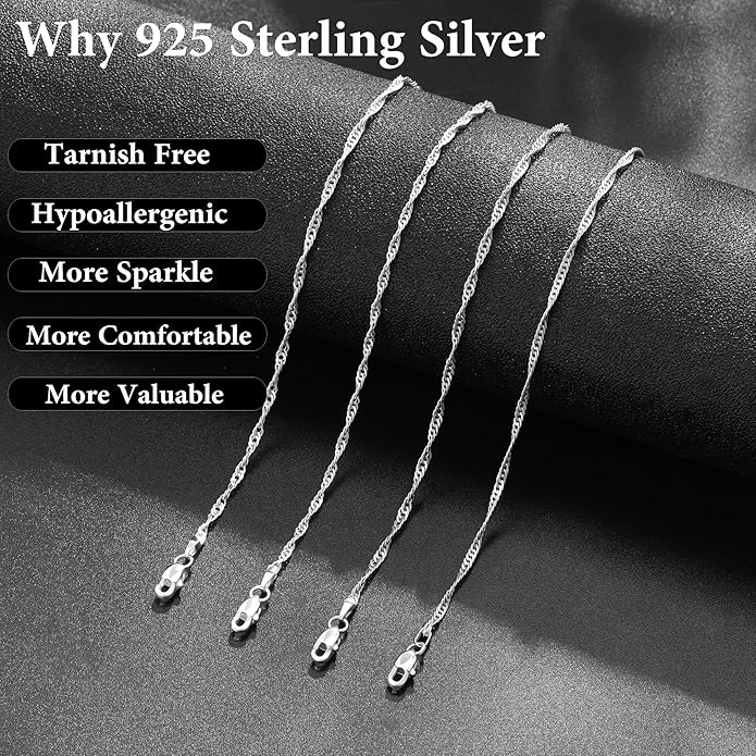 S925 Sterling Silver Wave Chain Necklace for Women - Sterling Silver Wave Chain Necklace Thick Sturdy Colourfast Necklaces Jewelery for Women 16/18/20/22 Inch