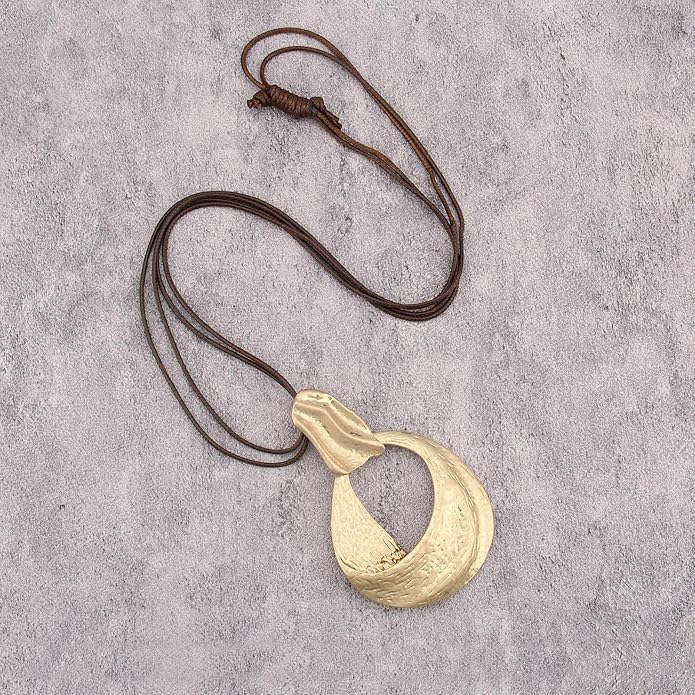 Long Boho Necklaces for Women Vintage Leather Wooden Pendant Y Choker Ethnic Style Gold Circle Hippie Sweater Necklace