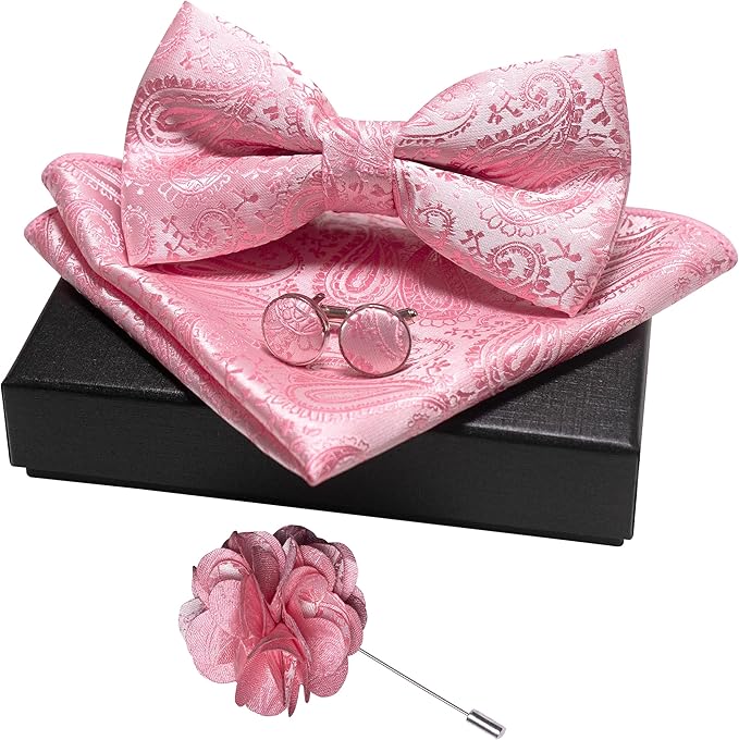 JEMYGINS Mens Paisley Bow Tie and Lapel Pin Necktie Pocket Square and Tie Clip with Sets for Business Casual 4PCS