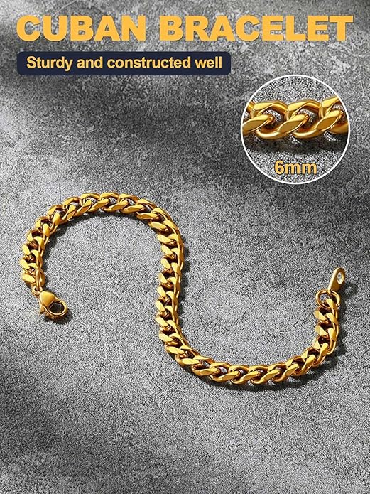 U7 Link Bracelets for Men, Cuban Link/Rope/Watch Band Solid Bracelet, Silver Black Gold Color Wrist Bracelet 3/6/9/12/15mm Width, 6.5/7.5/8.3 Inch Length, Hand Chain Jewelry for Mens Women