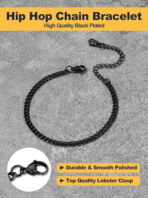 U7 Link Bracelets for Men, Cuban Link/Rope/Watch Band Solid Bracelet, Silver Black Gold Color Wrist Bracelet 3/6/9/12/15mm Width, 6.5/7.5/8.3 Inch Length, Hand Chain Jewelry for Mens Women
