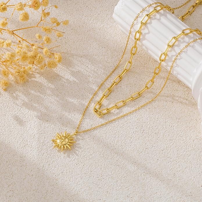 CHESKY Layered Necklaces for Women Trendy, Dainty 14k Gold Plated Pendant Necklace Layering Necklace for Women Non Tarnish Hypoallergenic Sun Gold Necklace Stack Gold Jewelry for Women Gifts