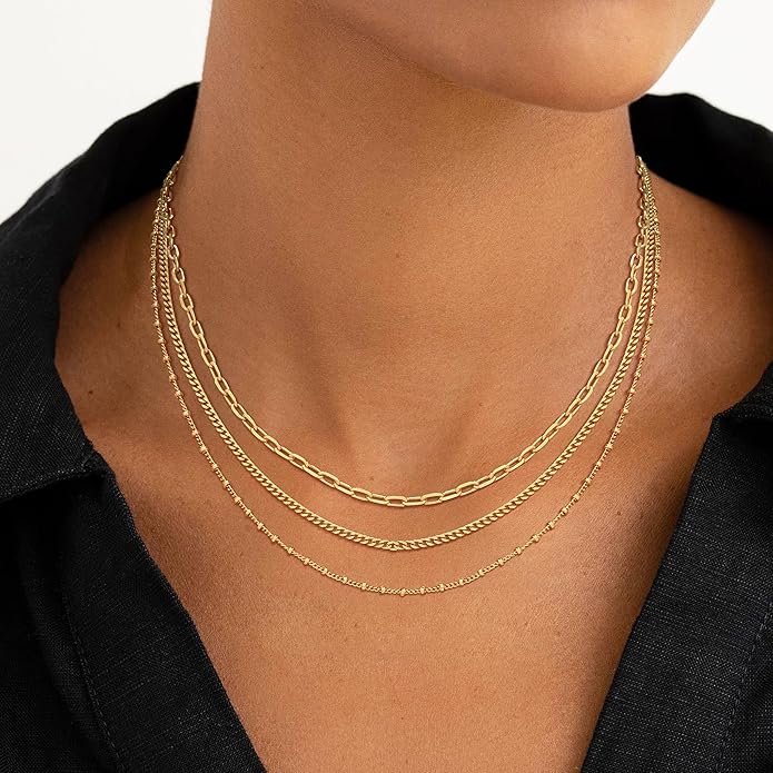 Gold/Silver Necklaces Stack For Women, 14K Gold/Sterling Silver Plated Layered Choker Necklace Set, Stackable Multilayer Simple Cuban Snake Paperclip Chain Set Jewelry Gift for Women