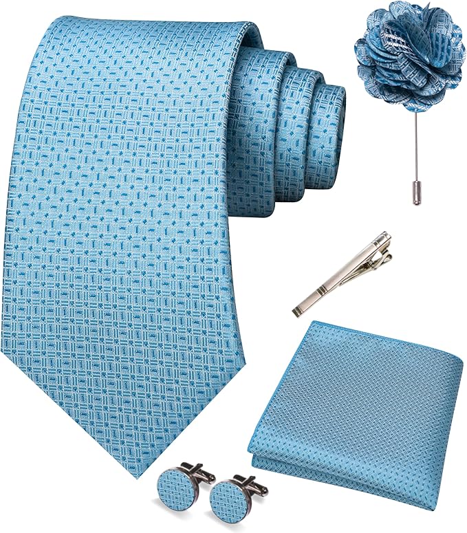 JEMYGINS Mens Tie and Pocket Square,Lapel Pin,Cufflinks,Tie Clip Sets with Gift Box 5PCS