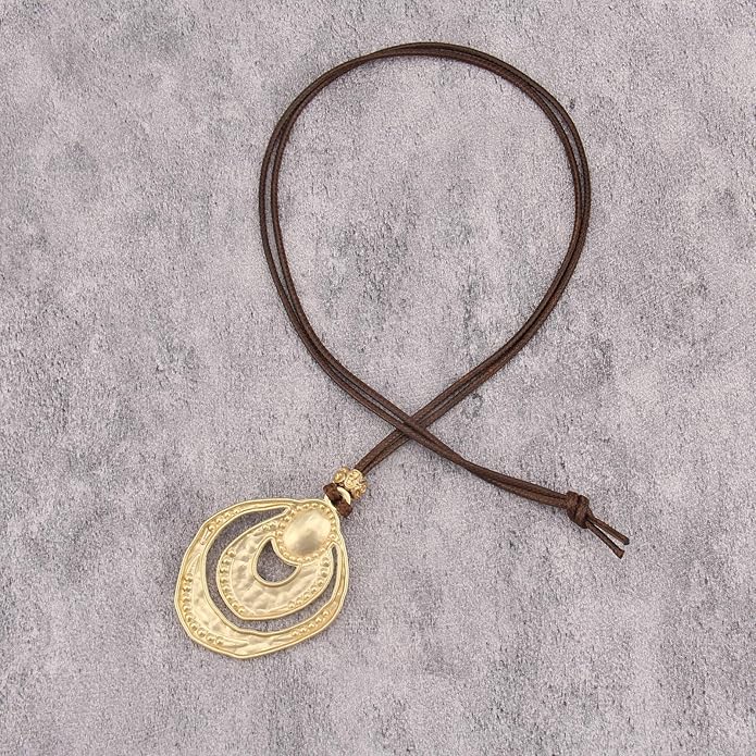Long Boho Necklaces for Women Vintage Leather Wooden Pendant Y Choker Ethnic Style Gold Circle Hippie Sweater Necklace