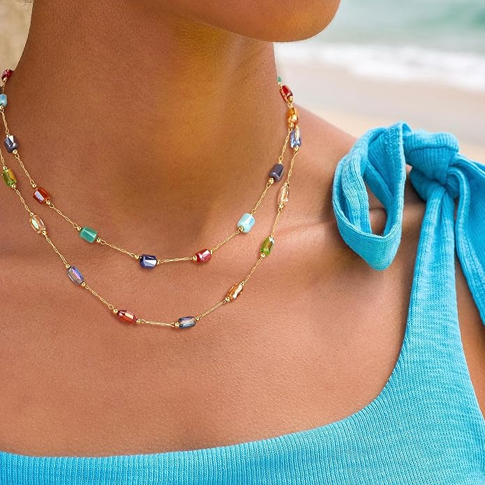 MTMY Beaded Necklaces for Women 14K Gold Plated Dainty Colorful Green/Rose Beaded Pearl Choker Necklace Delicate Boho Choker Necklace Jewelry Gift
